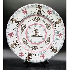 Vintage Vermont Lodge Studio Pottery Terracotta Plate Ski‎ Snowshoe 11" Winter